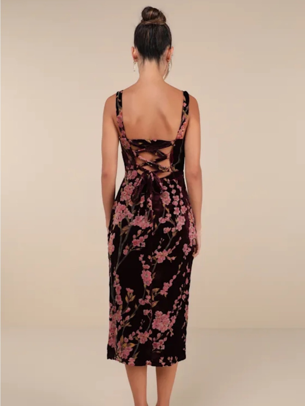 Lulu's Romantic Stunner Plum Floral Burnout Velvet Lace-Up Dress Medium - Picture 2 of 7